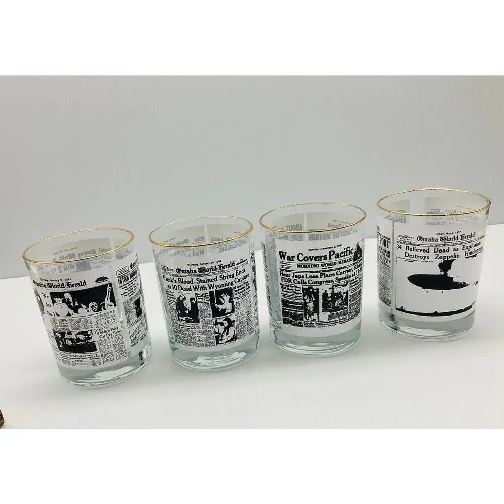 Vintage Omaha World Herald Historic Headlines Whiskey Glasses Set of 4 Gold Rim